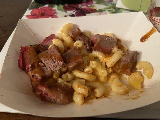 I added some of my extra brisket to their Mac & cheese with the spicy brown bbq sauce. Really good.