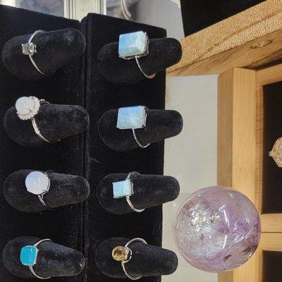 Larimar, Moonstone, Citrine, Icy Amazonite and Moldivite rings in this picture. All S925 and adjustable.