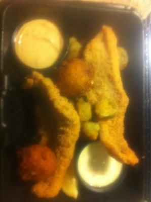 Catfish snack...2 fried catfish fingers, 2 hush puppies, and fried okra