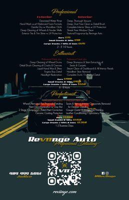 Pricing list for detailing packages