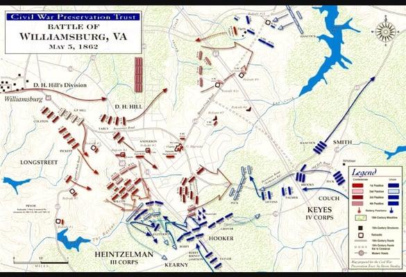 Battle if Williamsburg showing the Warwick Confederate defensive line with Fort Magruder at the center