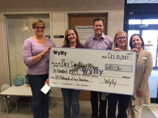 The third quarter of 2017, Black Dog Animal Rescue was selected to receive the $610 WyHy staff raised from our Clothing for a Cause efforts!