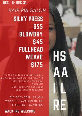 Hair special for the month of December!!! Call today and make your appointment for at (310)522-0011