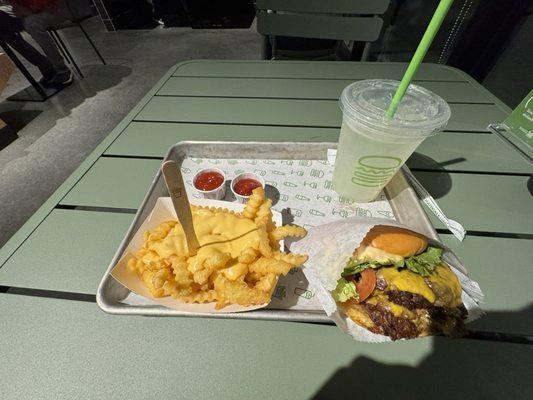 Shack, double with cheese fries, and a lemonade