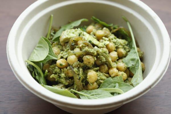 Chickpea Salad with caramelized onions and organic chicken