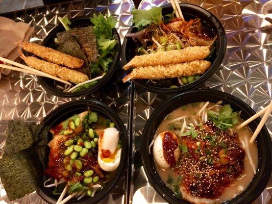 Clockwise: shrimp tempura udon soup, shrimp tempura ramen, udon pork chashu, and ramen with baked tofu