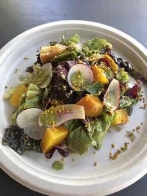 Salad with beets, radishes, bee pollen with a green goddess style dressing. 10/10