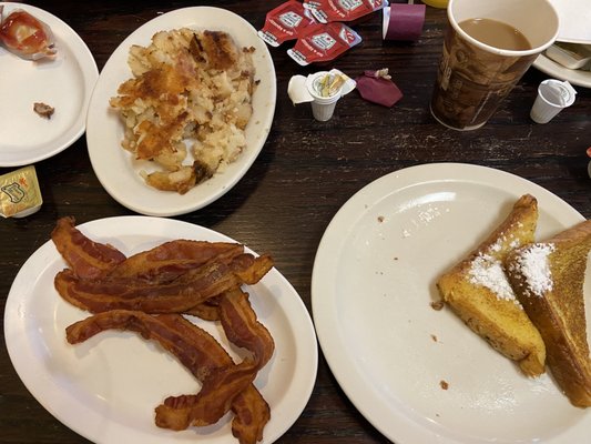 French toast, bacon, hash browns, coffee