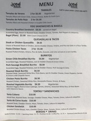 Menu as of 11/13/18