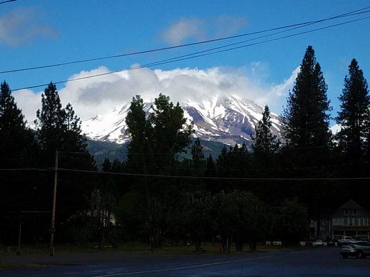 View of Mt. Shasta from Main Street in McCloud, California.