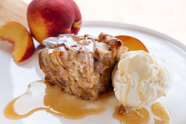 Cinnamon Roll Bread Pudding. This seasonal flavor was made with local peaches from a neighbor