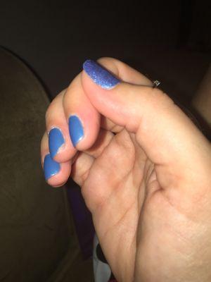 Chipped manicure 6 hours after getting it. Lumpy/uneven polish on thumb.