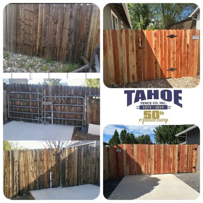 Before and after pictures of wood fencing and gates replaced by Tahoe's crews in Minden (Douglas County.)