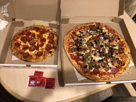 Supreme on the right and standard pepperoni on the left