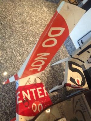 Some of our chairs are made out of recycled street signs.  Ralph's vintage signs makes the office a more fun place to work!