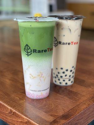 Ig:@eat_with_jeleneeee | Strawberry Matcha w/egg pudding and Okinawa milk tea w/boba