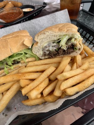 8" steak and cheese sub, fries