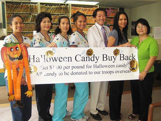 A Downtown Dental group offers to buy back halloween candy to send to troops over seas.