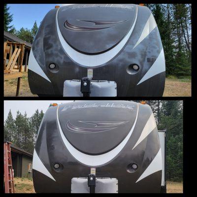 Before and after front cap of a 39 ft RV! Heavy oxidation, and was unwashed for a while, I got it looking nice and fresh!