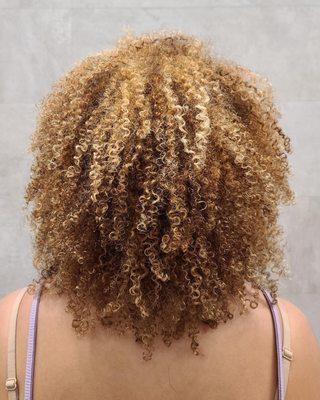 Beautiful dimensional highlights , root shadow,  curly haircut with olaplex .