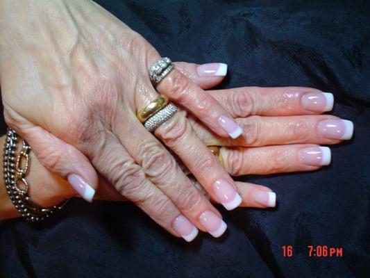 sculptured pink & white acrylics on Joanna M.