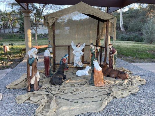 Nativity setup at the head of the outdoor fountain