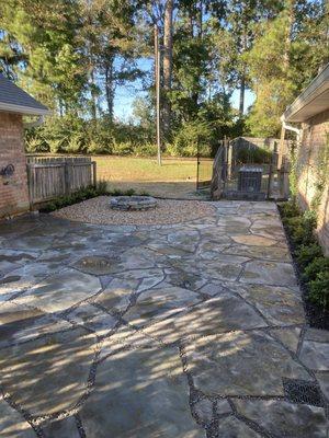 Flagstone patio, landscaping & fire pit