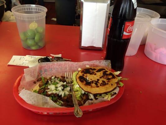 A healthy beef fajita gordita and taco in a corn tortilla with a half liter Mexican Coke, it's a must!