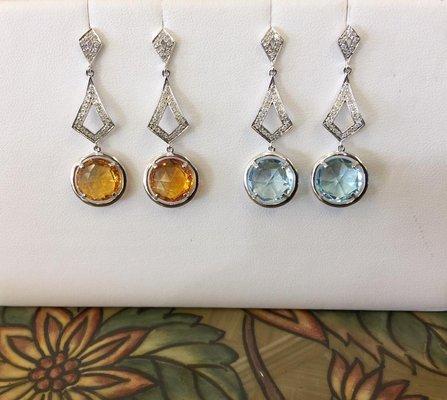 Beautiful diamond earrings in Citrine and Blue Topaz!