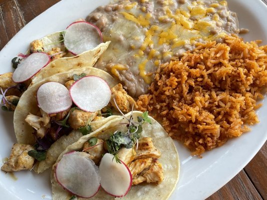 Fresh Chicken Tacos With Spanish Rice and Refried Beans