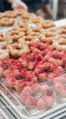 Raspberry and Fruity Pebbles Mochi donut