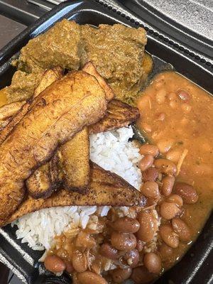 Beef stew with rice and beans and sweet plantains