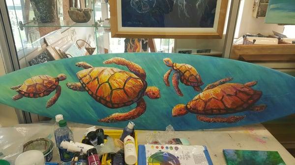 My original one-of-a-kind surfboard by Susan Brooks with beautiful sea turtles.