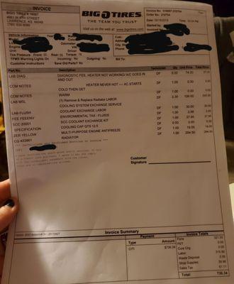 Invoice for a radiator replacement with a little over 2 hours labor