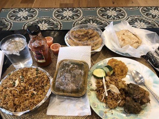 Fried rice, duck curry, roti, plaintains.