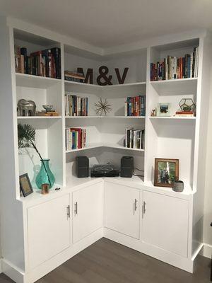 Built-in wood bookshelf that Joel made for us.