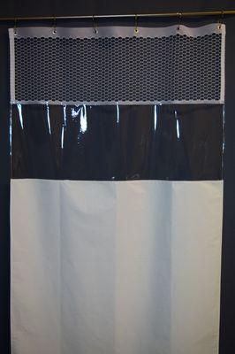 Custom shower curtain with window and mesh.