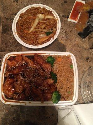 All white meat sesame chicken with roast pork fried rice and 3. Chicken Lo Mein