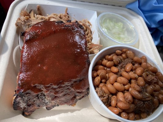 1/4 rack ribs, pulled pork, beans, slaw