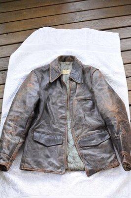 Front quarter horsehide aviator jacket, crown zipper and patina