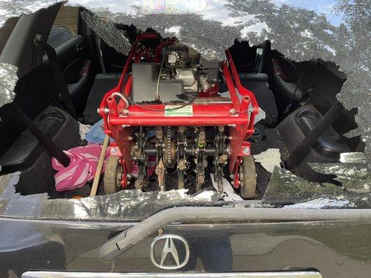 Window shattered by aerator placed in car by Euston employee.