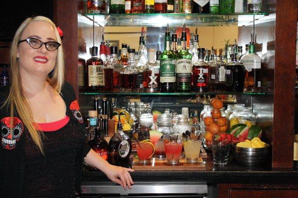 Our amazing mixologist that creates all our beautiful delicious drinks from scratch. Even makes her own Bitters.