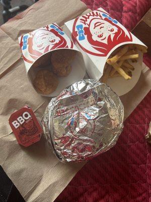 Dave's Double combo with large fries and a large cherry Coke Zero (not pictured) and 6 piece nuggets with bbq sauce. All under $20