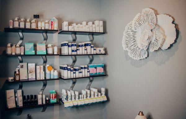 Retail area. Products by Circadia by Dr Pugliese, Glo Skin Beauty, Hale & Hush