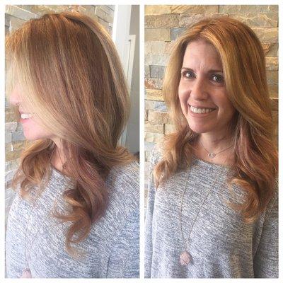 Balayage, root touchup, and a shiny rose gold toner for this babe...