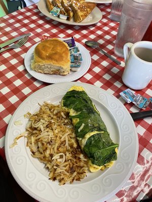 Spinach omelette that rocks. The biscuits ain't bad either!