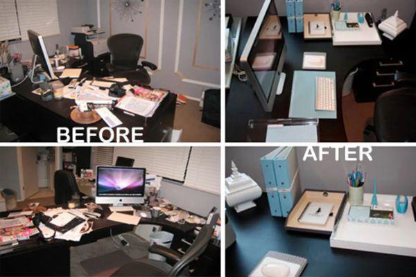 Before and after office cleaning and organizing.