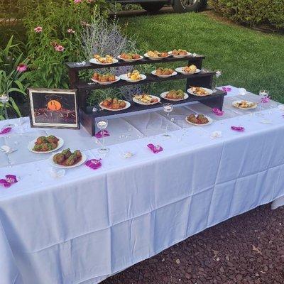 Catered wedding table display. Appetizers