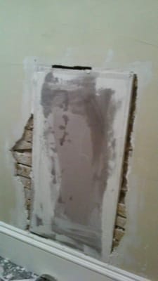 Put square drywall in a hole that is not square. Those holes? Just cover with mesh drywall tape and spackle....