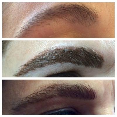 Semi Permanent Makeup Hair Stroke Eyebrows Before, Immediately After, and Healed